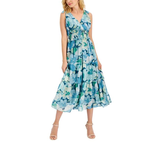 Taylor Metallic Floral Printed Smocked-Waist Midi Dress Size 10 - Picture 1 of 10